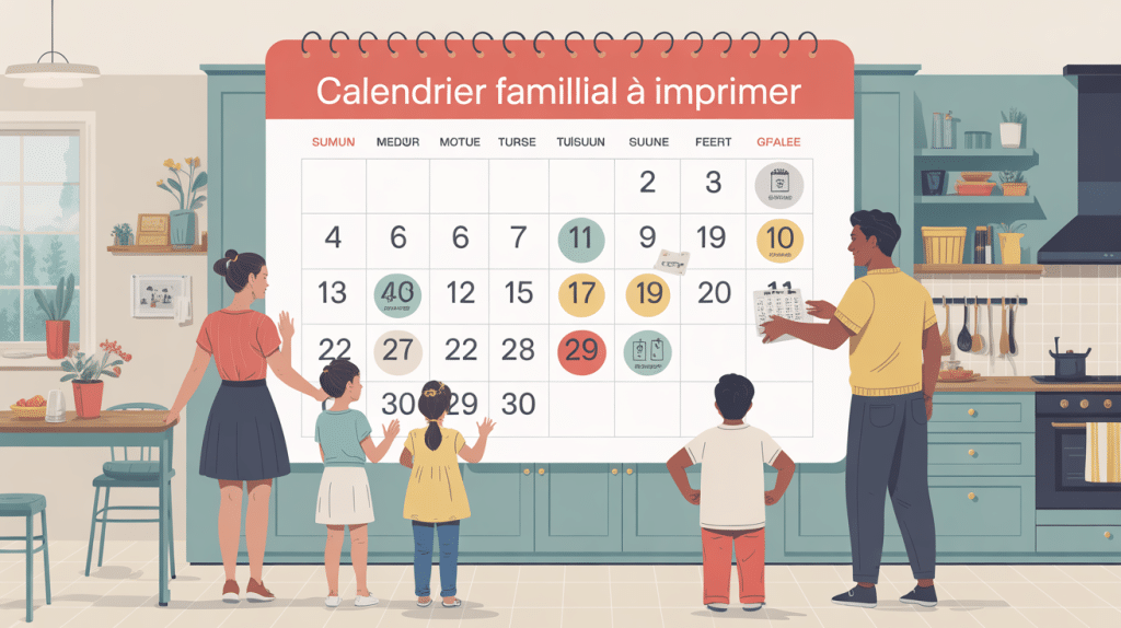 calendrier familial à imprimer affiché dans une cuisine moderne