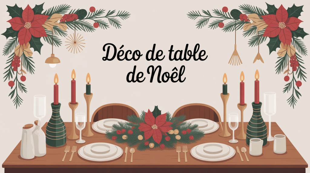 deco table noel festive et élégante, centre de table, bougies, feuillage