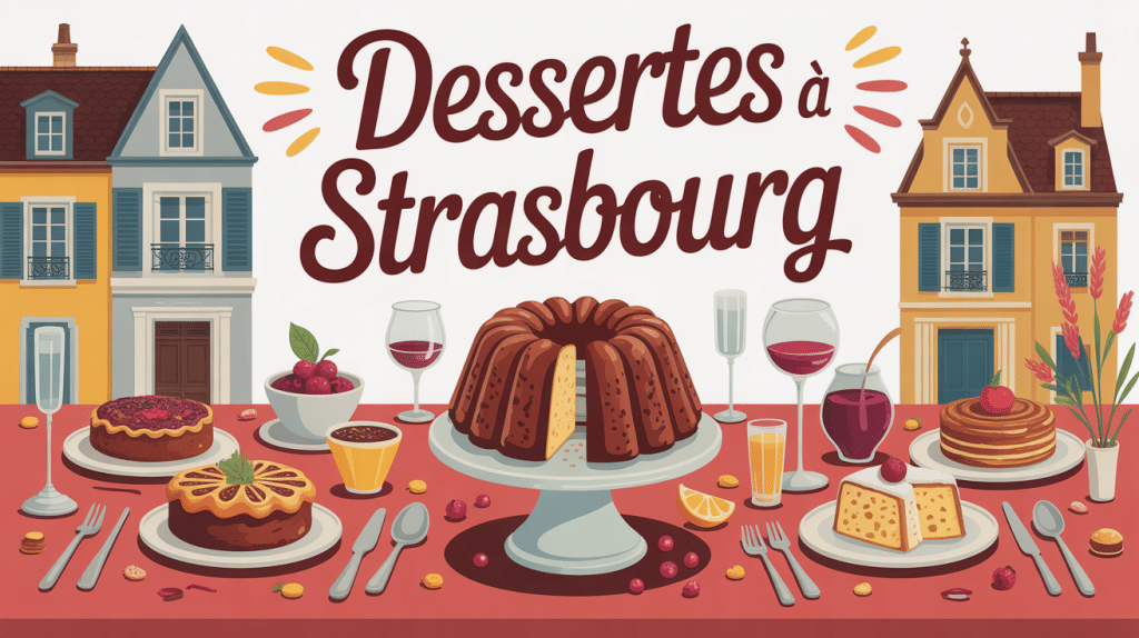 Illustration festive avec desserts Strasbourg, kougelhopf, tartes, bredeles