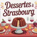 Illustration festive avec desserts Strasbourg, kougelhopf, tartes, bredeles