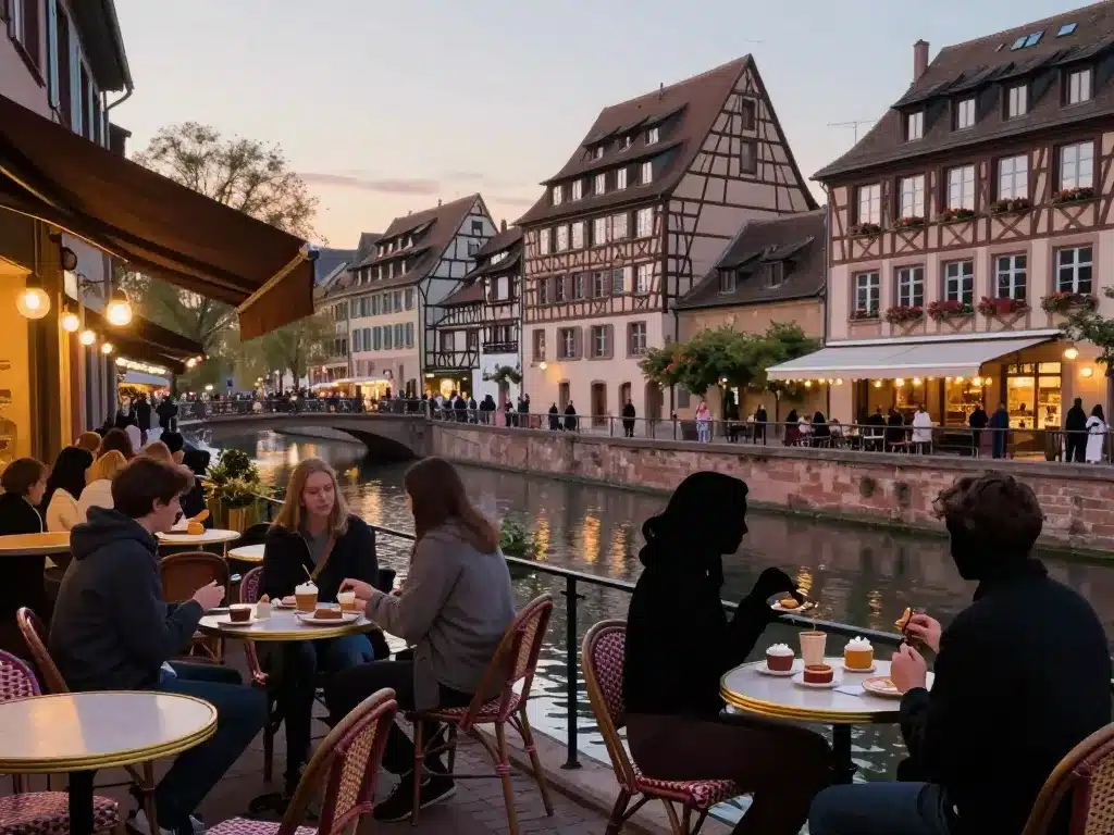 Scène café centre ville Strasbourg, dégustation desserts Strasbourg