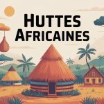 Illustration de diverses huttes africaines traditionnelles dans un paysage culturel