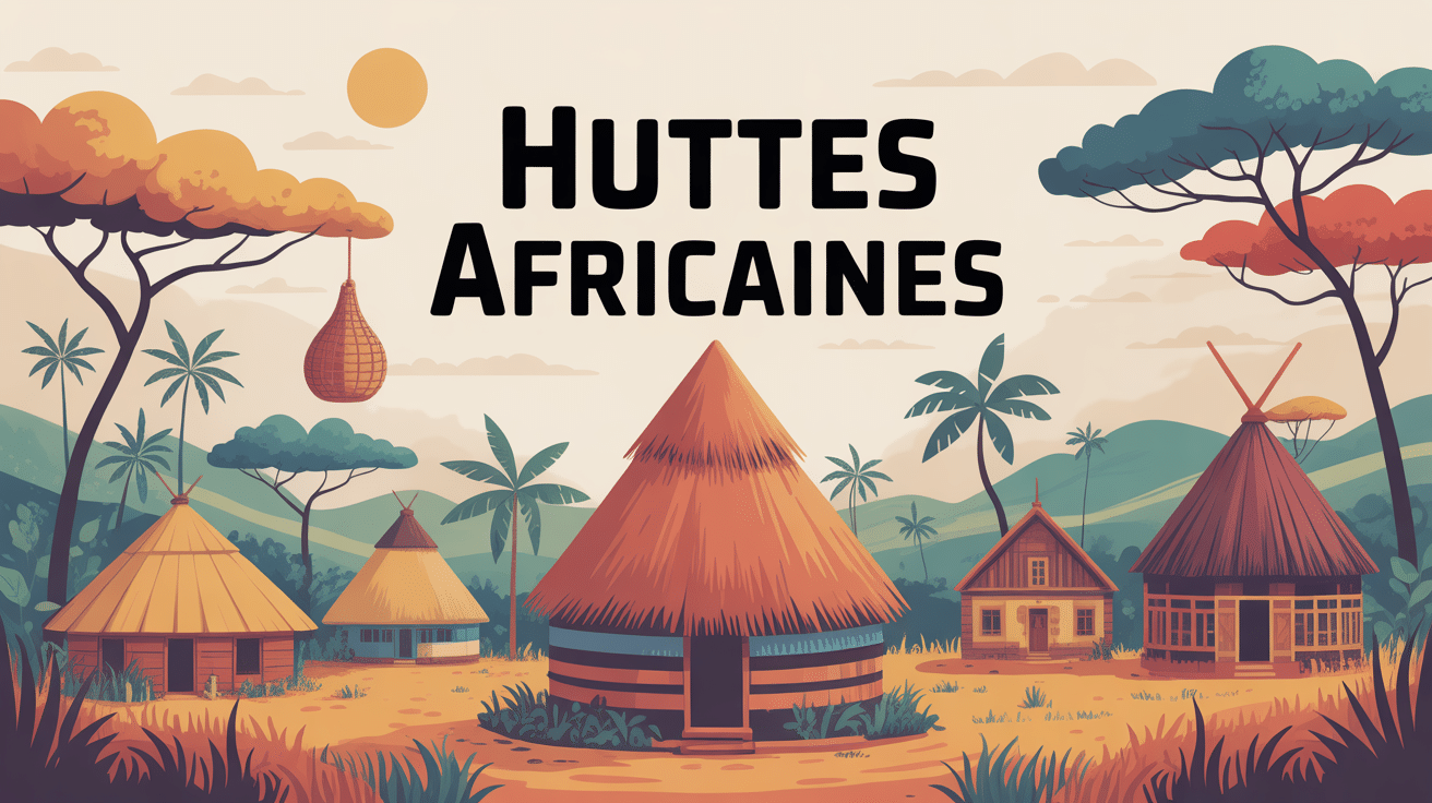 Illustration de diverses huttes africaines traditionnelles dans un paysage culturel