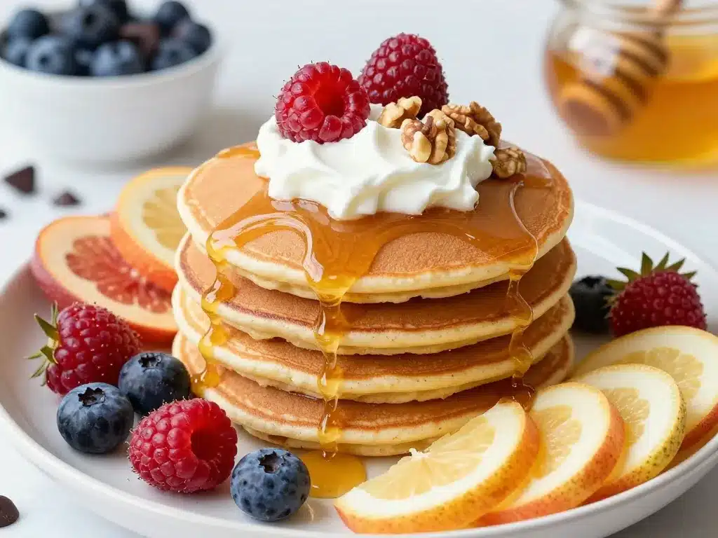 toppings sur pancakes flocons d avoine avec fruits et miel
