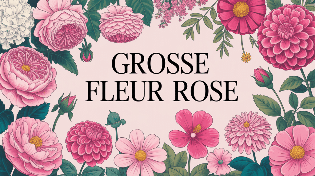 Illustration composition de grosses fleurs roses emblématiques dans un jardin