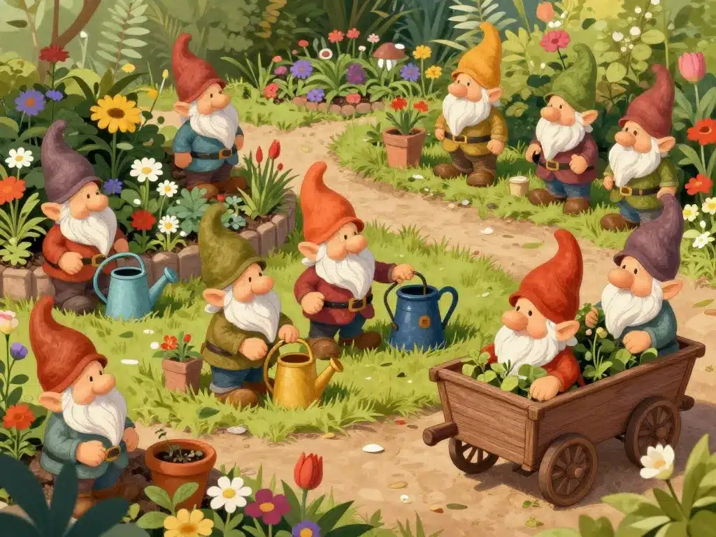 mise en scène de nains de jardin dans le jardin avec accessoires