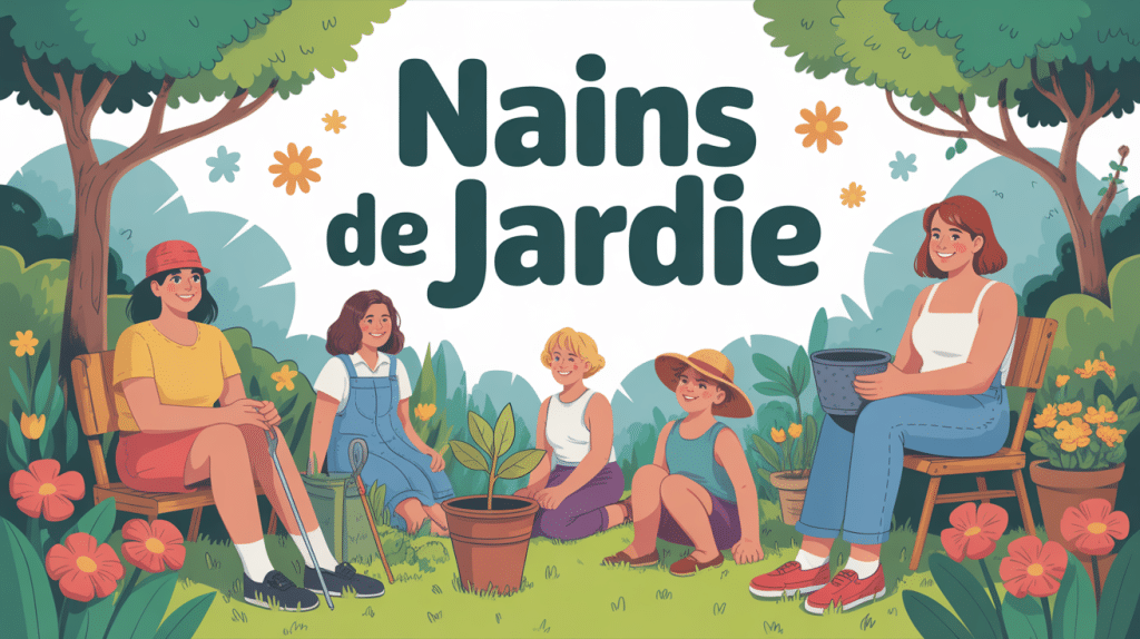 illustration de nains de jardin variés dans un jardin fleuri