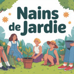 illustration de nains de jardin variés dans un jardin fleuri