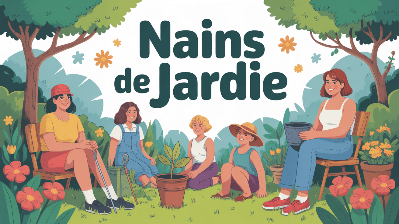 illustration de nains de jardin variés dans un jardin fleuri