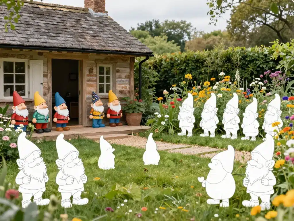 différents styles de nains de jardin disposés en extérieur