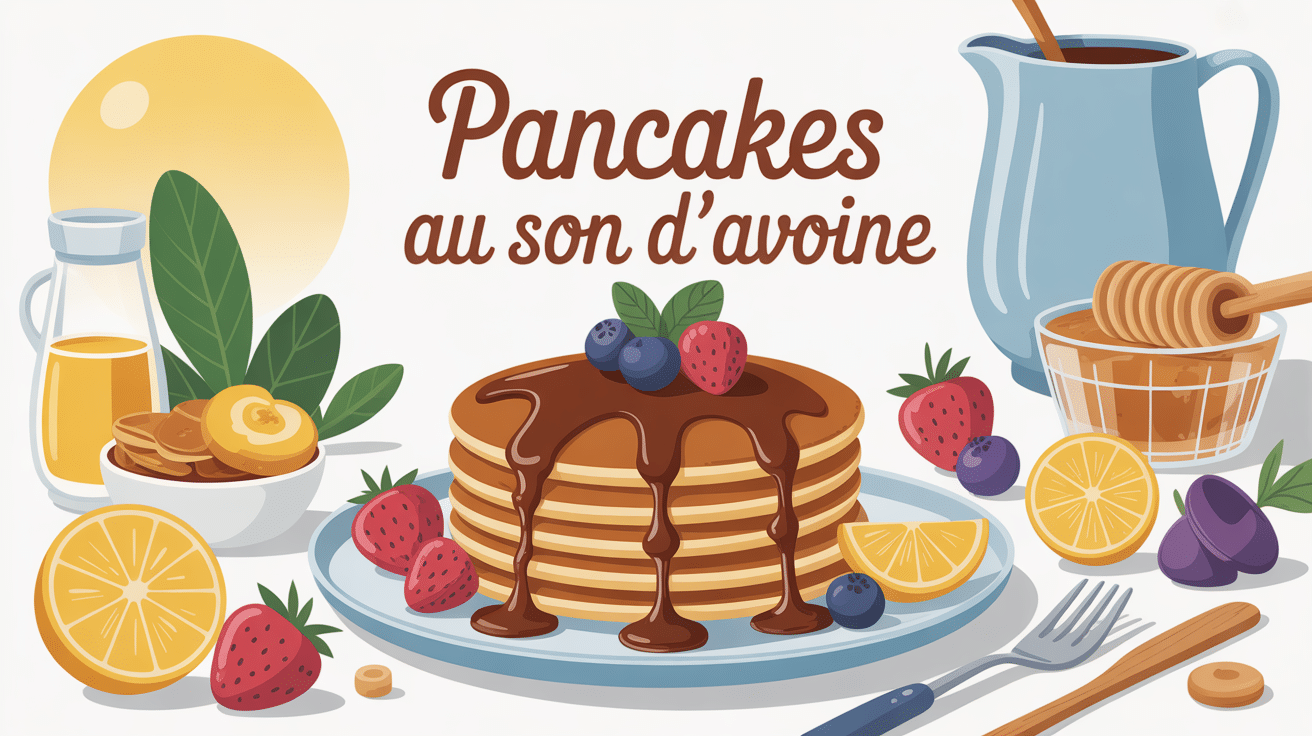 pancakes son d'avoine empilés avec fruits et son