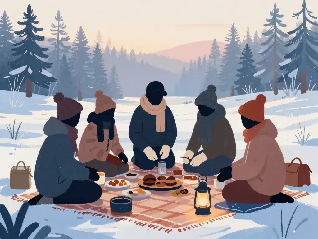 personnes bien habillées pour pique nique hiver sur la neige