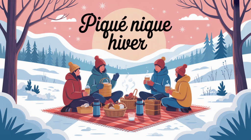 illustration pique nique hiver convivial en pleine nature enneigée