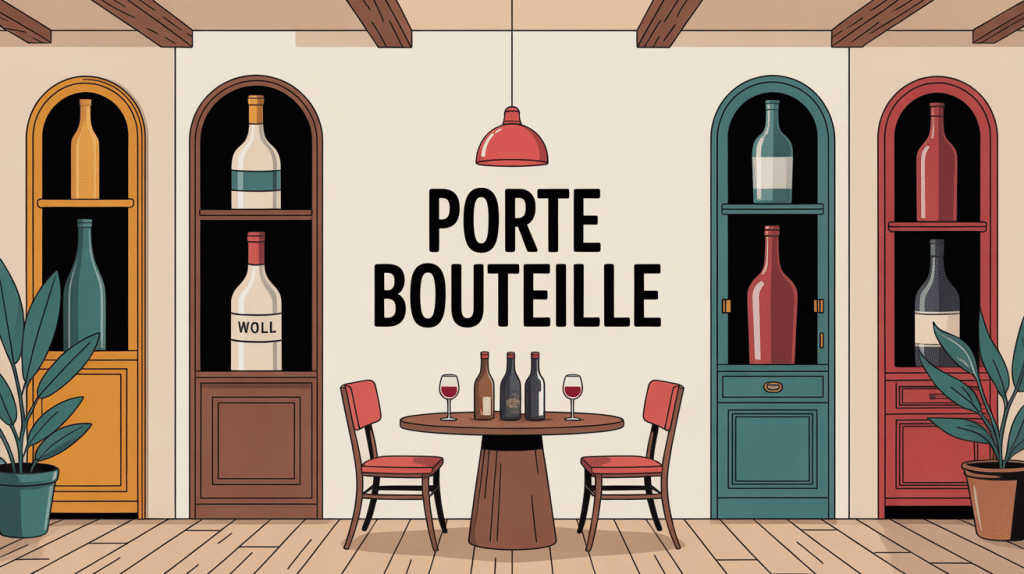 Illustration de porte bouteille mural, sol et table dans un intérieur moderne