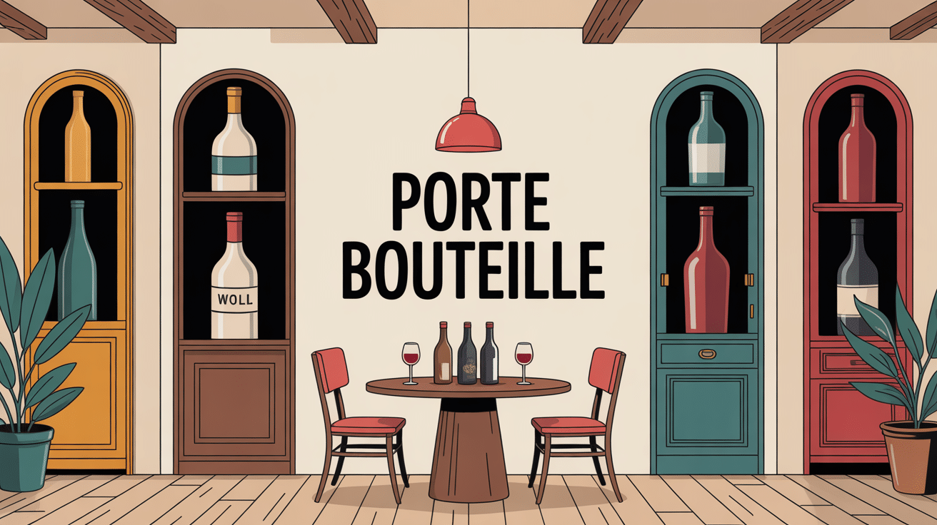 Illustration de porte bouteille mural, sol et table dans un intérieur moderne