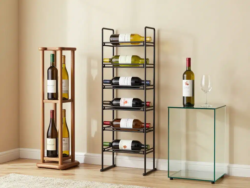 Trois porte bouteille : mural, sol, table avec bouteilles vin