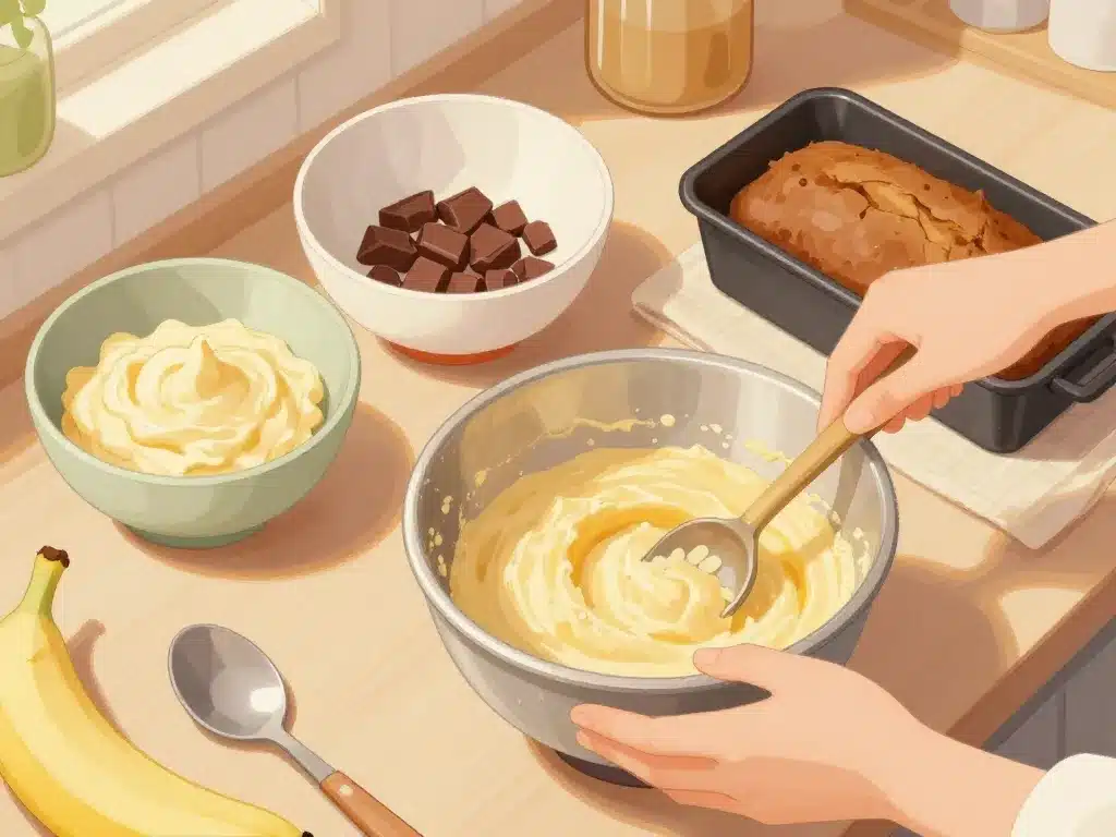 Étapes de préparation banane bread chocolat healthy dans une cuisine