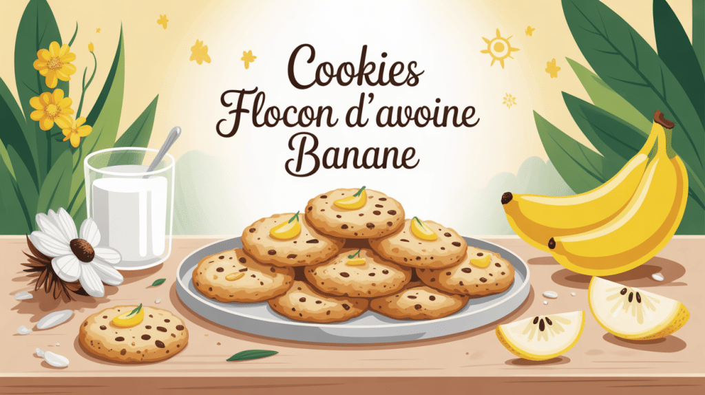 recette cookies flocon d'avoine banane image illustrée sur table en bois