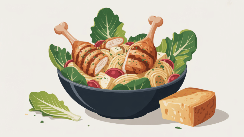 illustration salade de pate au poulet cesar dans un bol