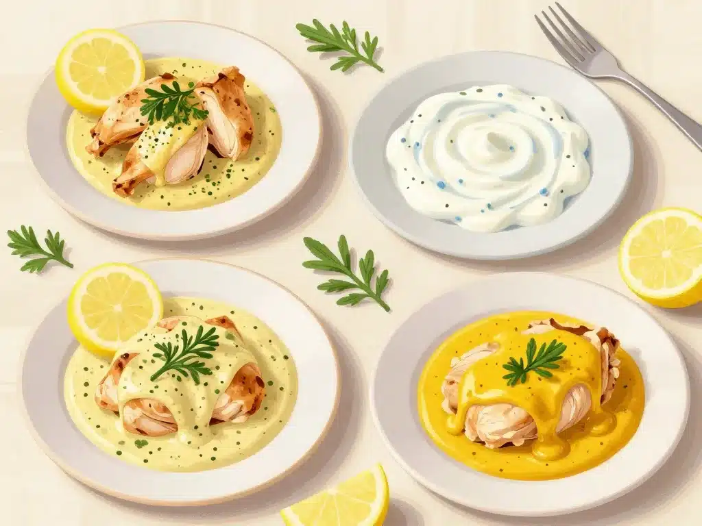 Trois variantes sauce au citron pour poulet illustration assiettes