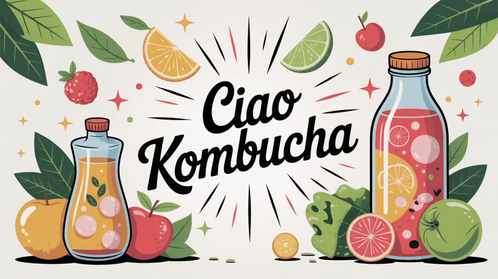 Boisson Ciao Kombucha bouteille stylisée, bulles, éléments naturels