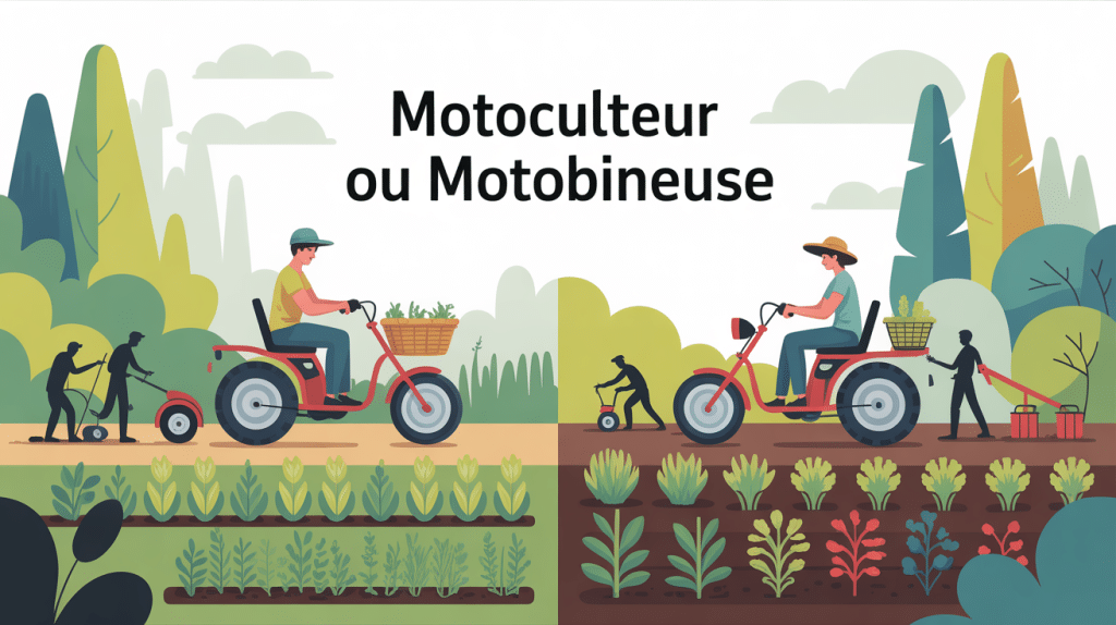 illustration différence entre motoculteur et motobineuse dans un jardin