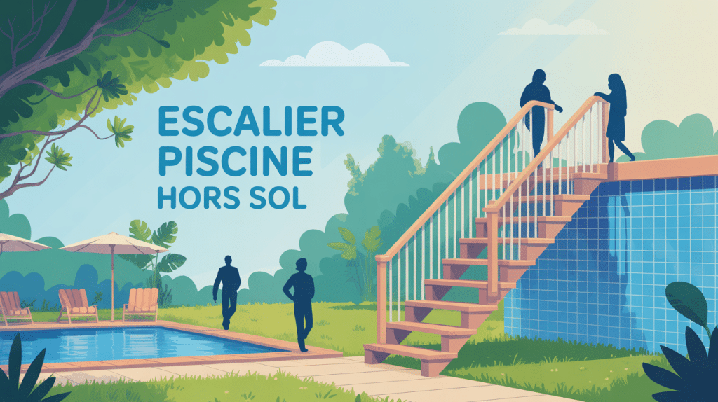 illustration escalier piscine hors sol fait maison sécurité ambiance été