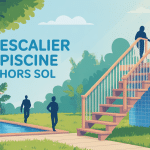 illustration escalier piscine hors sol fait maison sécurité ambiance été