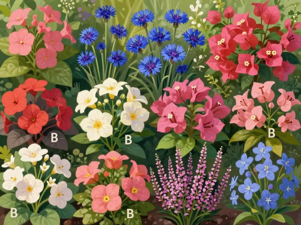 Panorama jardin avec différentes fleurs en b variées