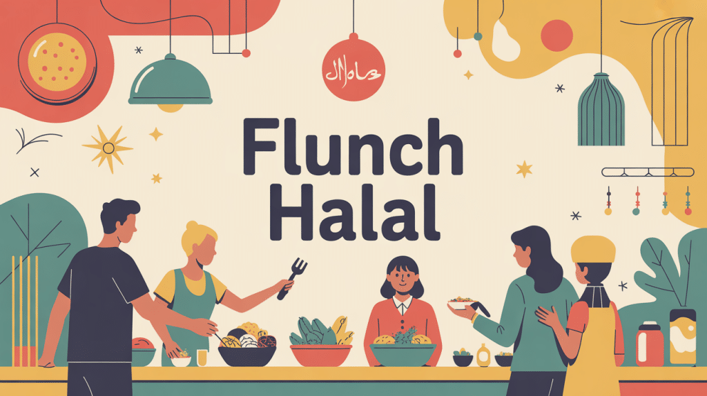 Illustration flunch halal buffet convivial famille France