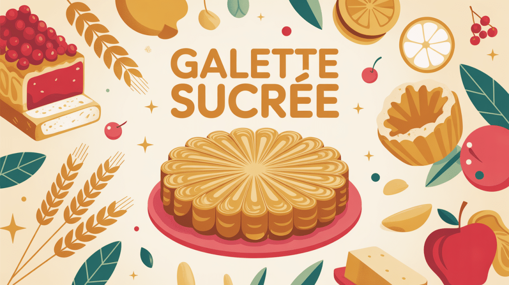 Illustration galette sucrée dorée entourée de fruits et ingrédients français
