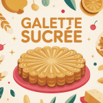 Illustration galette sucrée dorée entourée de fruits et ingrédients français