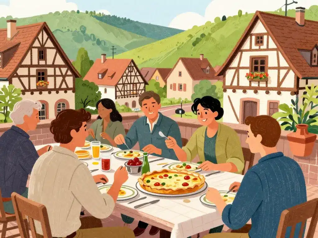 scène alsacienne chaleureuse autour du roi de la tarte flambée