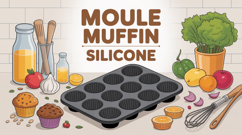 Moule muffin silicone et ingrédients sur plan de travail