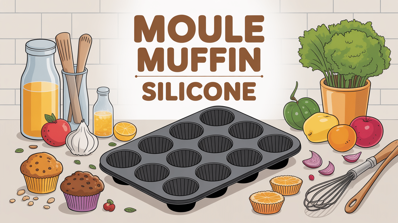 Moule muffin silicone et ingrédients sur plan de travail