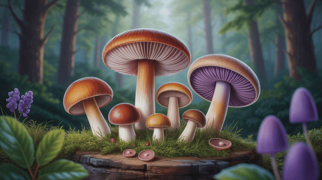 Oreille de cochon champignon stylisé en forêt ambiance automnale