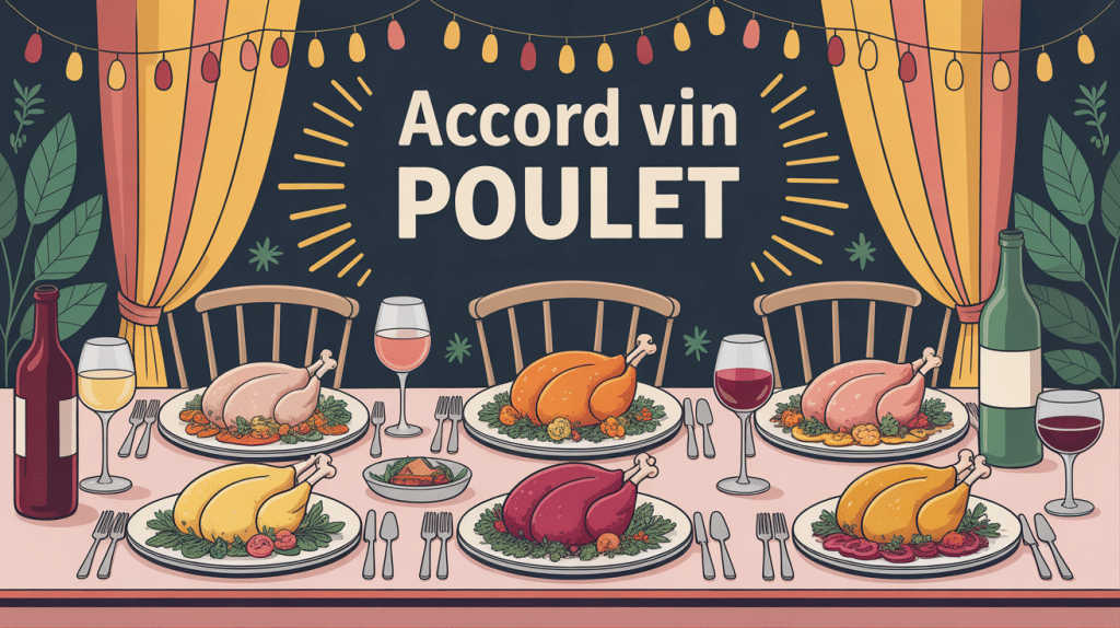 illustration accord quel vin avec du poulet sur table élégante
