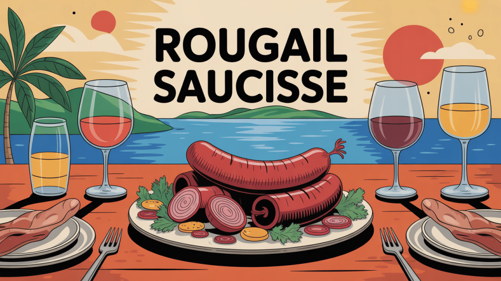 illustration centrale quel vin avec rougail saucisse plat créole et verres de vin