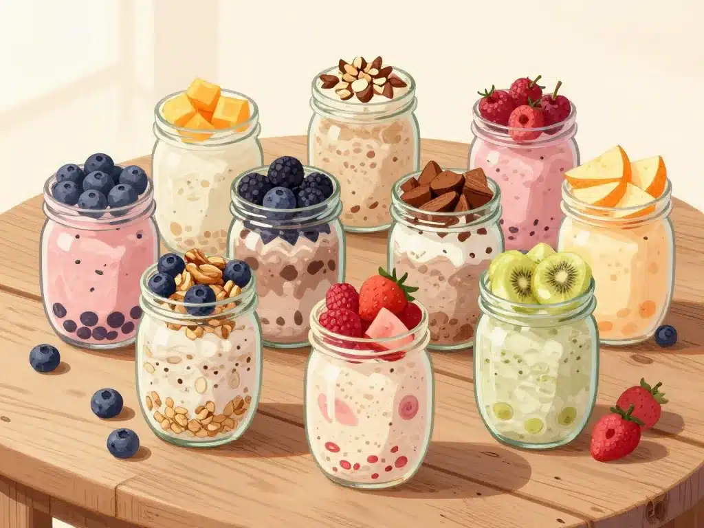 plusieurs pots recette overnight oats avec toppings fruits noix