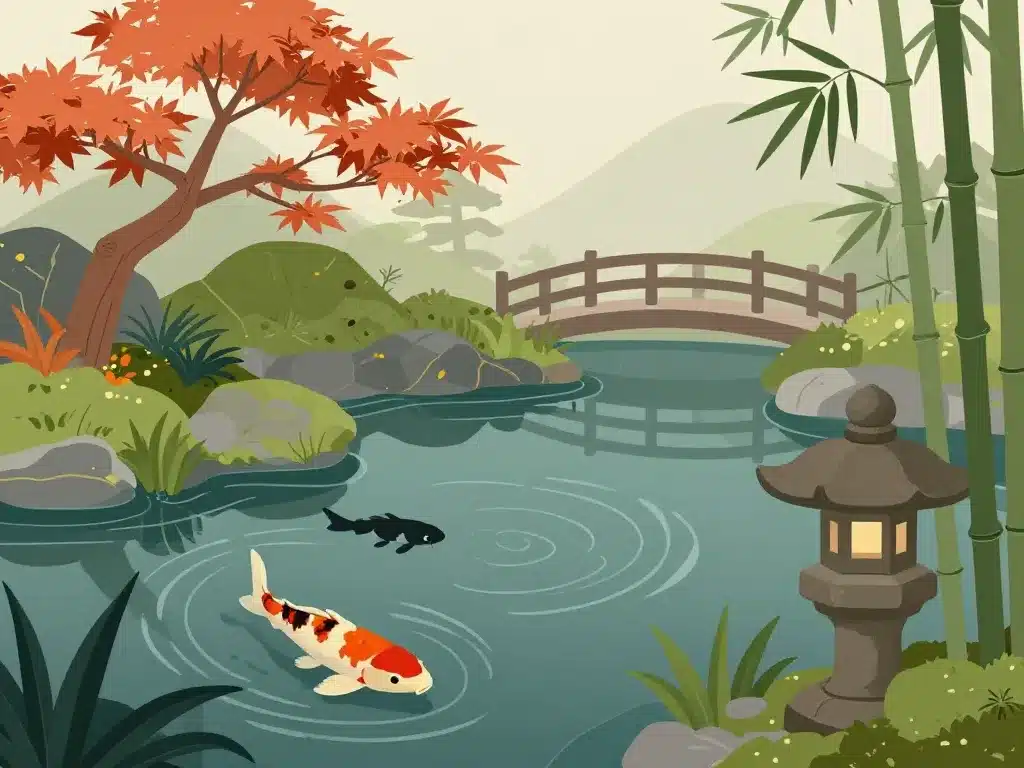 bassin japonais végétaux carpes koi décoration