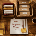 Aide rangement maison sur table en bois avec paniers