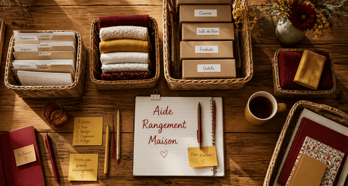 Aide rangement maison sur table en bois avec paniers