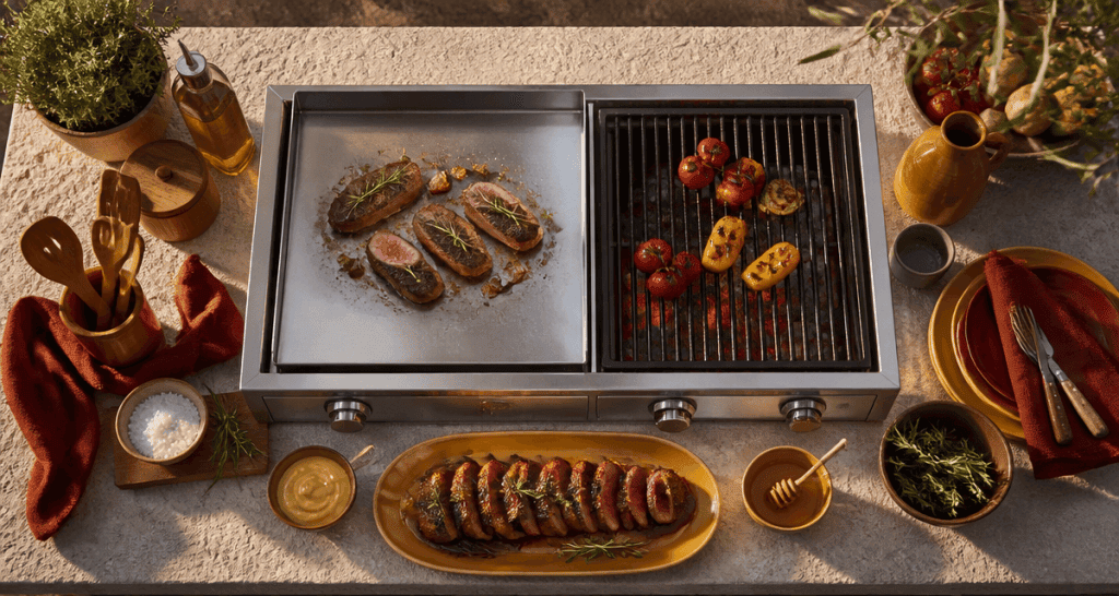 Barbecue cuisine extérieure plancha inox et pierre