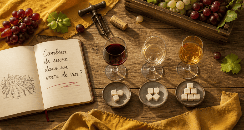 combien de sucre dans un verre de vin, trois verres et morceaux de sucre