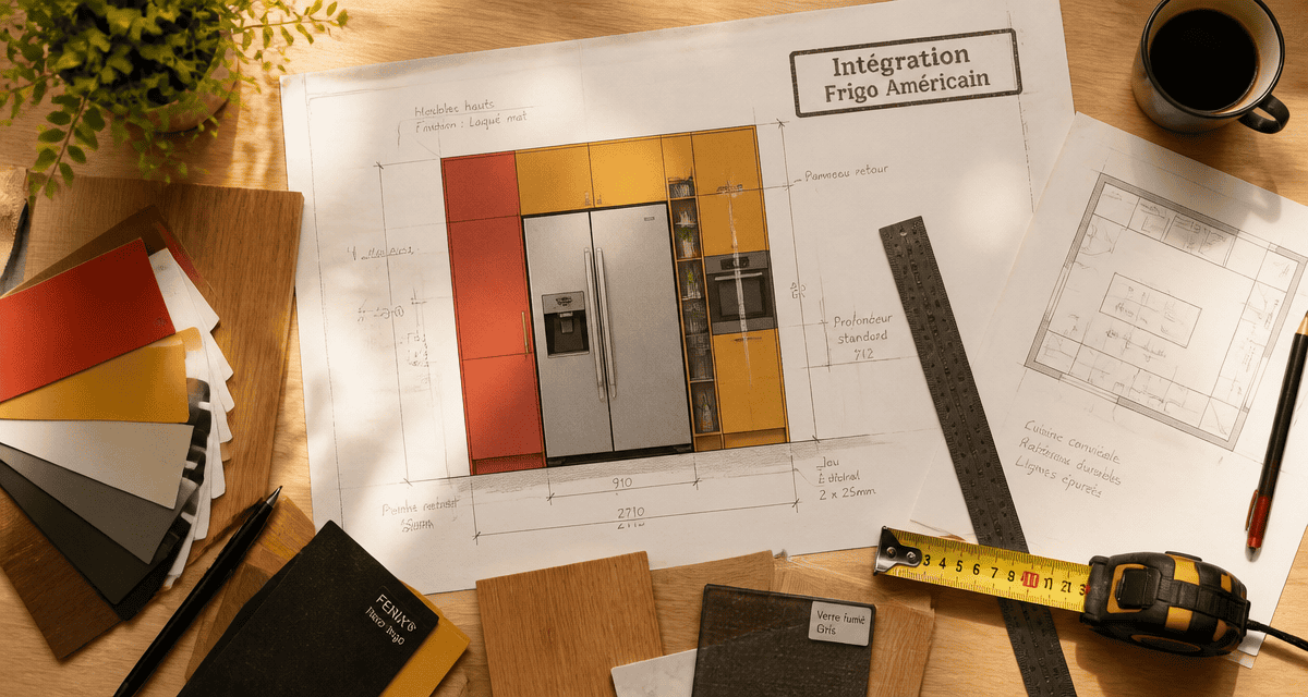 comment intégrer un frigo américain dans une cuisine, vue aérienne plan de travail moderne