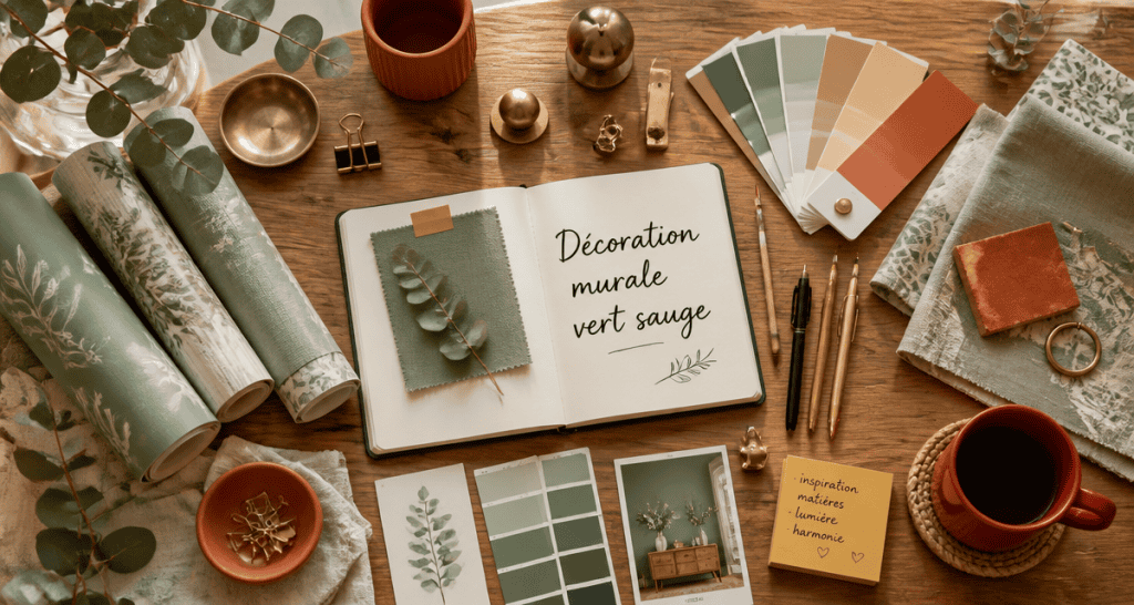 décoration murale vert sauge échantillons sur table