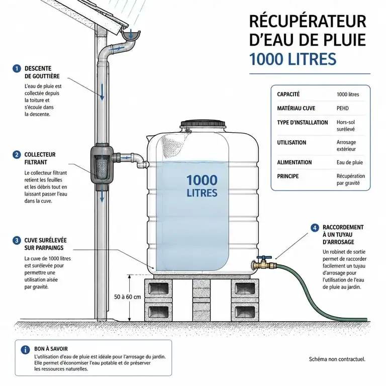 Schéma d'installation d'un récupérateur d'eau 1000l avec collecteur et système de filtration