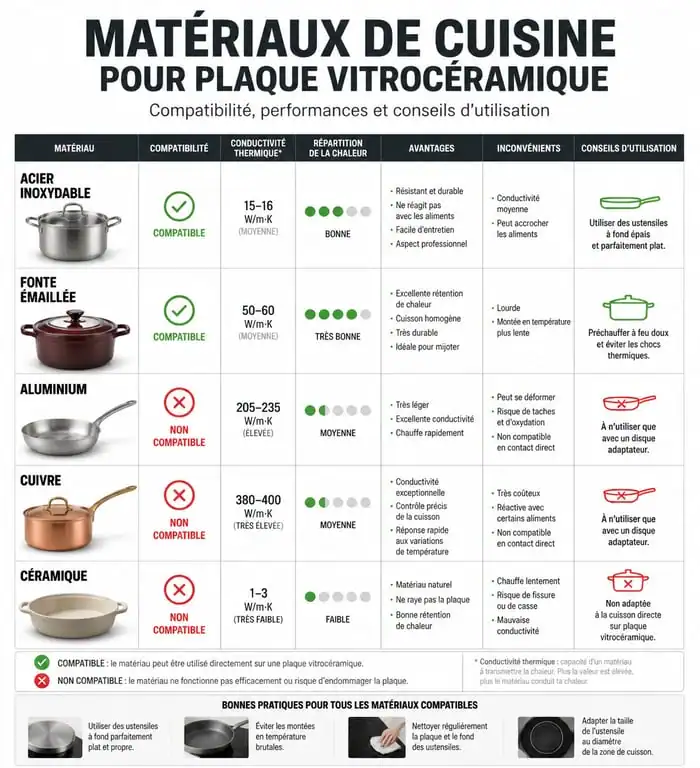 Infographie des matériaux de casseroles compatibles avec une plaque vitrocéramique