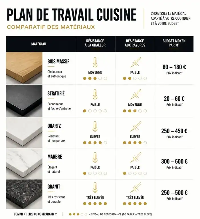 Comparatif des matériaux de revêtement de plan de travail cuisine