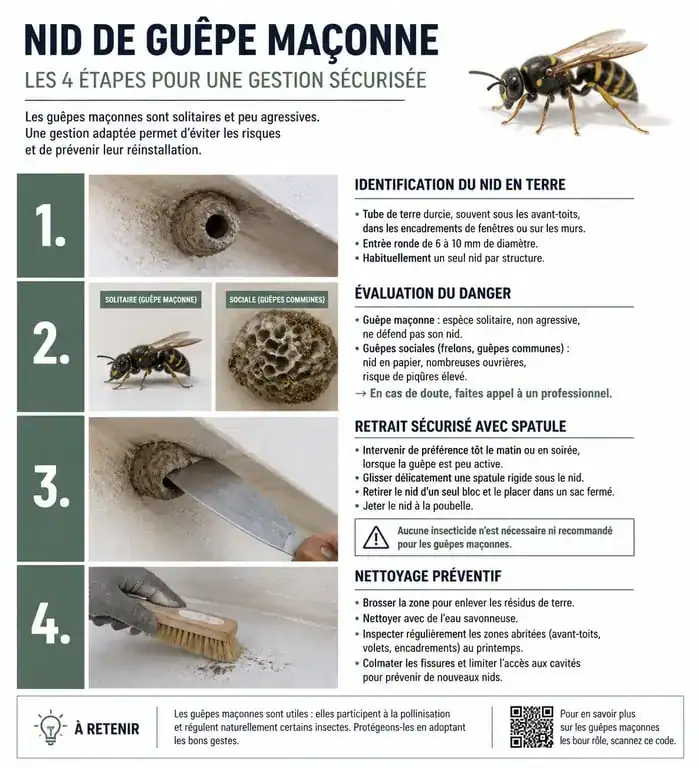 Infographie des étapes pour identifier et retirer un nid de guêpe maçonne en toute sécurité